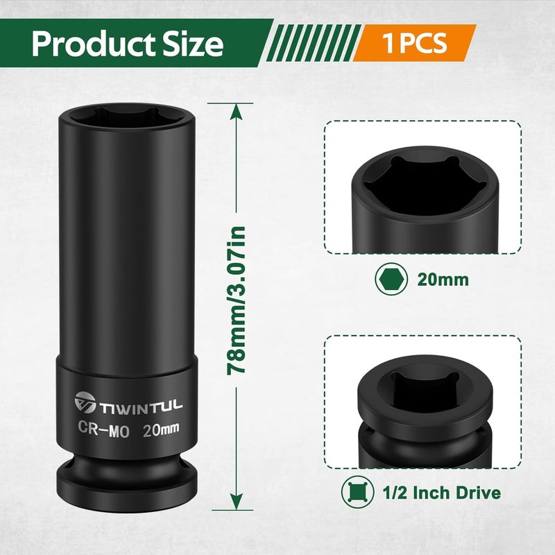 TIWINTUL 20mm Deep Impact Socket 1/2 Inch Drive, CR-MO Steel Impact Socket, 3.07" Length, 6 Point Design, Metric Size Socket for Automotive and Mechanical Equipment Maintenance - Image 1